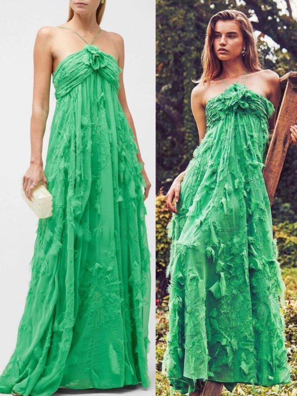 Alexis Sole Dress Emerald Green Floral Applique Textured Maxi NWOT Size XS